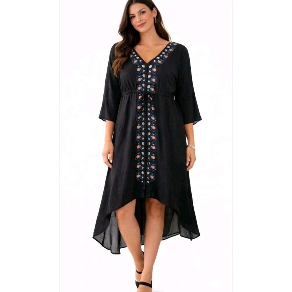 Womens Boho Asymmetrical Dress Embroidered Hi Lo Flared Sleeve Medium Black